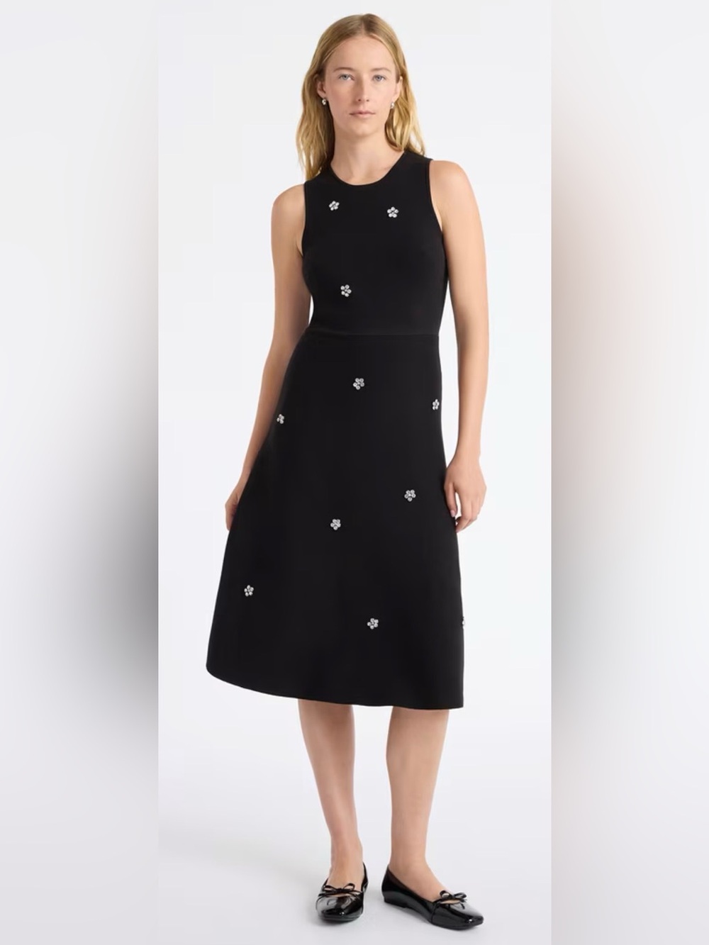 NWT free assembly Sleeveless Black A-Line Dress with Jewel Flower Accents S(4-6)